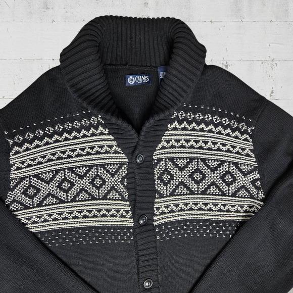 Chaps Black White Fair Isle Cowl Neck Button Up Cardigan Sweater Size Large - Picture 3 of 9